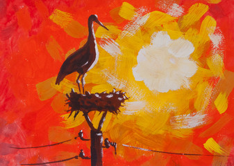Stork on the nest over sun