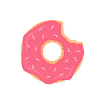 Bitten donut with pink icing and sprinkles. Cartoon doughnut isolated on white background. Vector donut icon.
