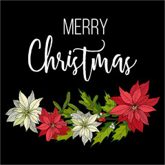 Holly, poinsettia and mistletoe. Christmas and New Year greeting card