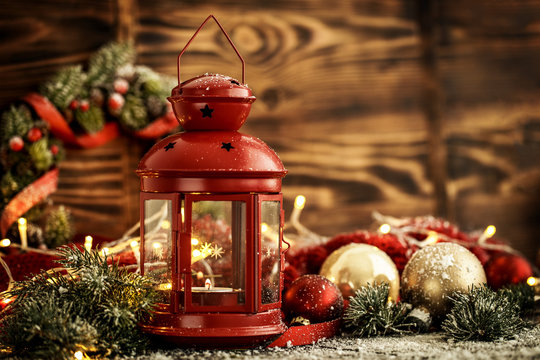 Christmas balls and lantern with candle