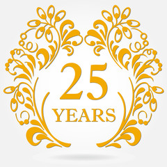 25 years anniversary icon in ornate frame with floral elements. Template for celebration and congratulation design. 25th anniversary golden label. Vector illustration.