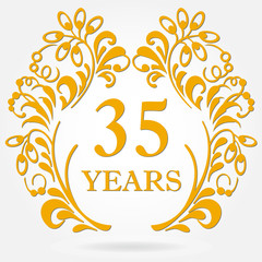Obraz premium 35 years anniversary icon in ornate frame with floral elements. Template for celebration and congratulation design. 35th anniversary golden label. Vector illustration.