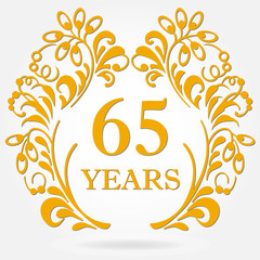 65 years anniversary icon in ornate frame with floral elements. Template for celebration and congratulation design. 65th anniversary golden label. Vector illustration.