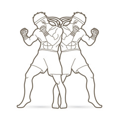 Muay Thai, Thai boxing standing action outline graphic vector.