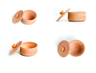Collection of empty wooden bowl with cover on white background.