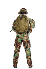 Portrait soldier or private military contractor holding sniper rifle.