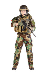 Portrait soldier or private military contractor holding sniper rifle.