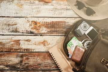 Traveler items vacation travel accessories holiday long weekend day off travelling stuff equipment background view concept 