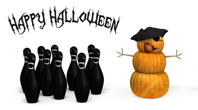 3D Render Of A Halloween Pumpkin And Bowling Ball And Pins.