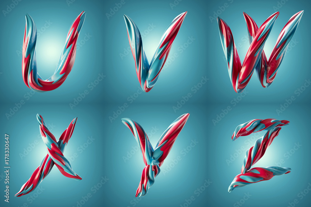 Poster 3d render of twisted colorful letters with shiny paint surface effect