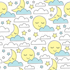 Sewing fabric with seamless moon and clouds pattern vector illustration ...