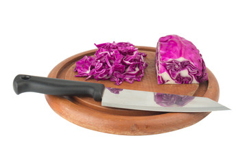 red cabbage with kitchen knife color purple. isolated on white background