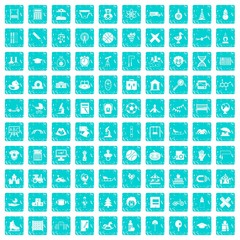 100 kids icons set grunge blue