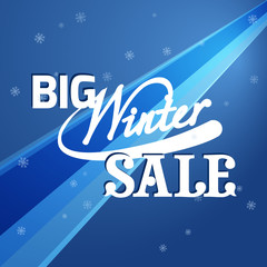 Sale banner on blue background with snowflakes. Lettering big winter sale. Sale vector. Sale new year poster. 