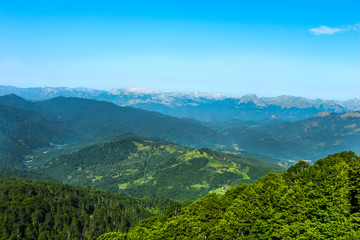 Naklejka na ściany i meble View of mountain peaks and forests. Mountain valley and forest top view