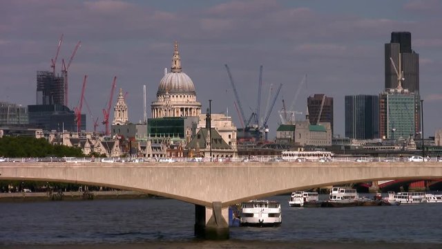 Waterloo Bridge and the dome of St Pauls cathedral with the tower blocks of the city of London in 2008.