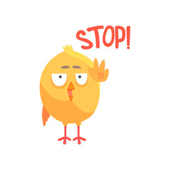 Stop, funny cartoon comic chicken showing hand gesture vector Illustration
