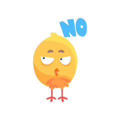 Funny puzzled cartoon comic chicken with phrase No vector Illustration