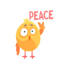 Piece, funny cartoon comic chicken showing peace gesture vector Illustration