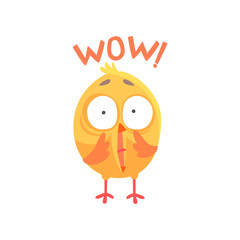 Funny surprised cartoon comic chicken with phrase Wow vector Illustration