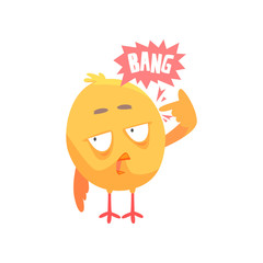 Funny cartoon comic chicken with phrase Bang, showing shot gesture vector Illustration