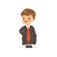 Cute boy wearing dult oversized suit, kid pretending to be adult vector Illustration