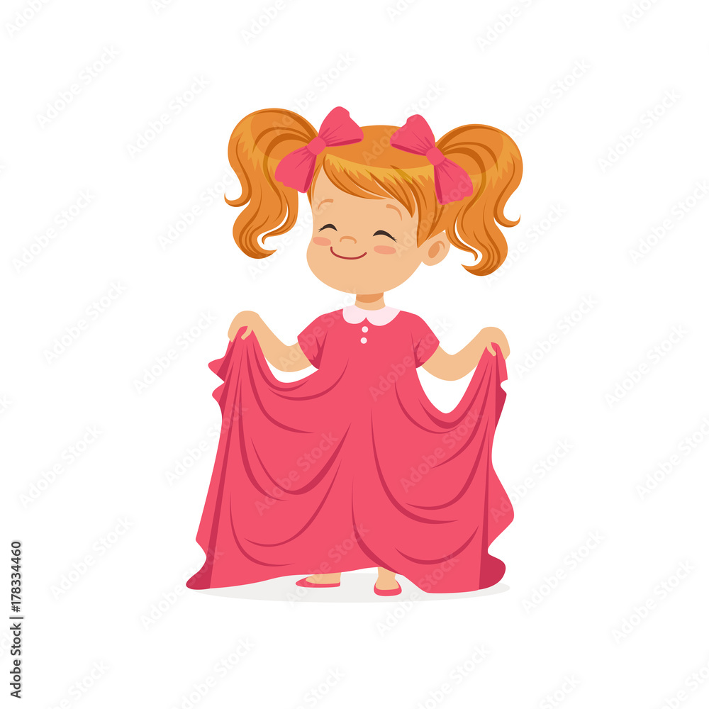 Sticker Sweet redhead girl wearing dult oversized pink dress, kid pretending to be adult vector Illustration