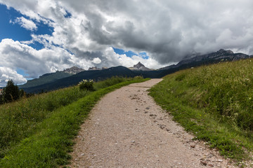 Winding Walking Footpath through Meadows, Italian Alps Mountains