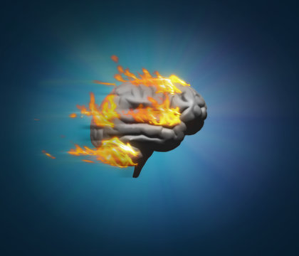 Burning brain - brain model on fire symbolising running at speed and generating ideas
