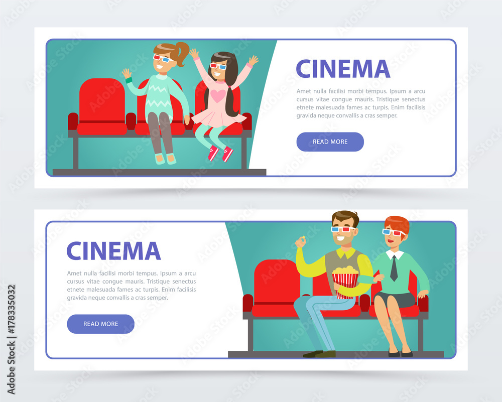 Sticker Happy people in 3d glasses with popcorn watching a movie, cinema banners set flat vector elements for website or mobile app