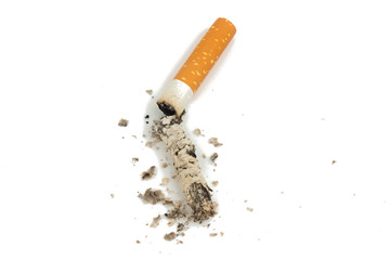 Cigarette butt ash isolated on white background