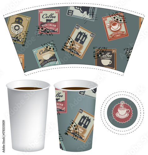 Vector Template Paper Cup For Hot Drink Disposable Cup For Tea Or Coffee With Set Of Postage Stamps On The Theme Of Coffee House In Retro Style Wall Mural Paseven Vector Template Paper Cup For Hot Drink Disposable Cup For Tea Or Coffee With Set Of Postage Stamps On The Theme Of Coffee House In Retro Style Wall Mural Paseven