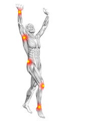 Conceptual human muscle anatomy with red and yellow hot spot inflammation or articular joint pain for health care therapy or sport concepts. 3D illustration man arthritis or bone osteoporosis disease