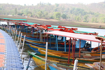 Colorful Boats parked  at river bank of Dudhni India 