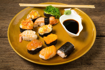 Japanese Cuisine Sushi on old wood
