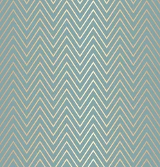 Washable wall murals Chevron Trendy simple seamless zig zag golden geometric pattern green blue background, vector illustration. Wrapping paper zigzag graphic print. Repeating line texture. Modern minimalistic hipster geometry