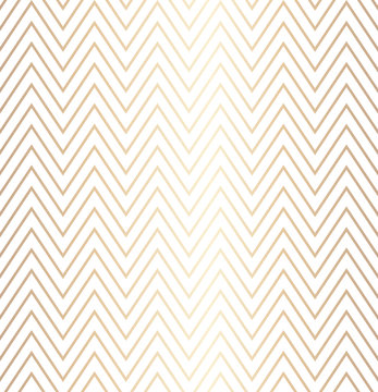 Trendy simple seamless zig zag golden geometric pattern on white background, vector illustration. Wrapping paper zigzag graphic print. Repeating line texture. Modern minimalistic hipster geometry