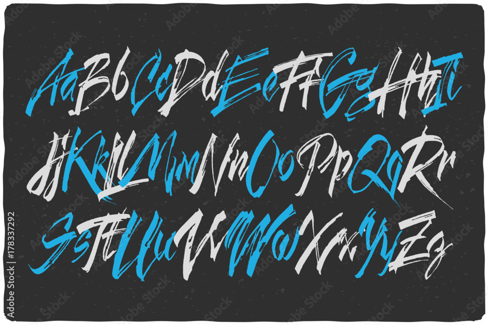 Poster handcrafted vector calligraphic script font. dirty brush alphabet set.