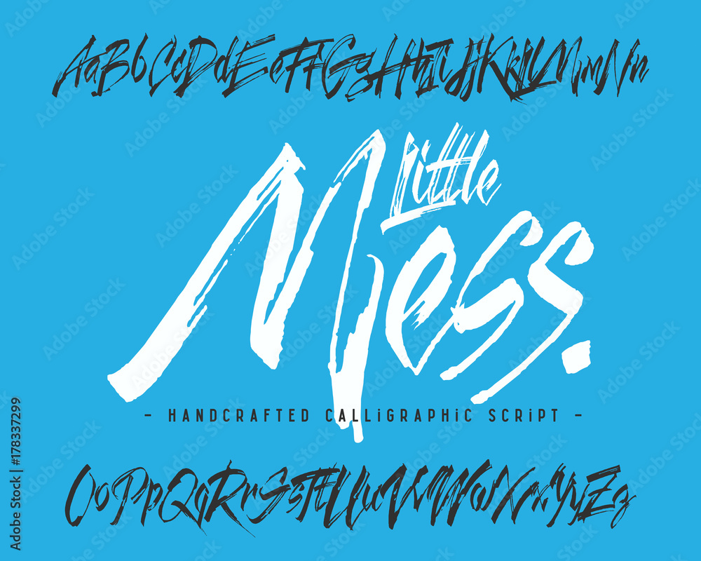 Poster handcrafted vector calligraphic script font. dirty brush alphabet set.
