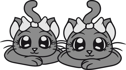 freundinnen 2 paar team schwestern mädchen girl weiblich schleife frau liegend entspannen anschleichen kind baby hübsch süß niedlich katze kätzchen comic cartoon design haustier