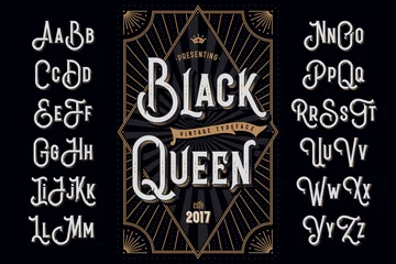 Fotobehang Decorative typeface named "Black Queen" with extruded lines effect and vintage label template © gleb_guralnyk