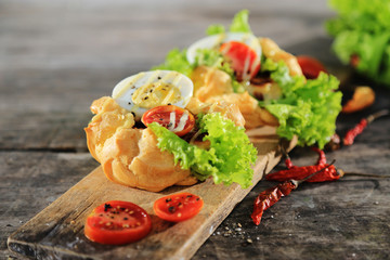 food template design background, spicy chicken sandwich with boiled egg,vegetables, and mayonnaise sauce
