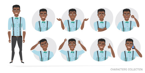 Set of emotions for black african american business man.
