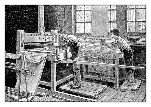 Printing tablecloth by hand, XIX century workshop