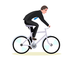 Businessman is riding a bicycle to work.