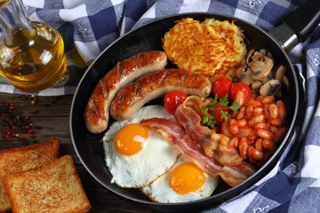 close-up of full english breakfast on skillet