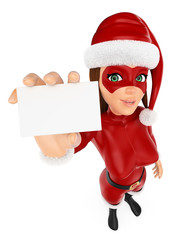 3D Woman christmas superhero showing a blank card
