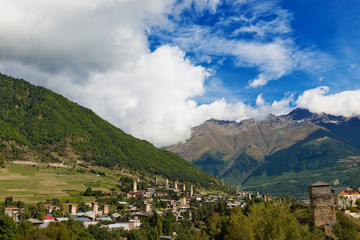 Fototapeta premium Mountain village with ancient towers. Mestia, Svaneti, Georgia