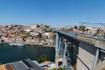 Top view of Douro river and old Porto downtown, Portugal.

