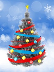 3d silver Christmas tree over snow